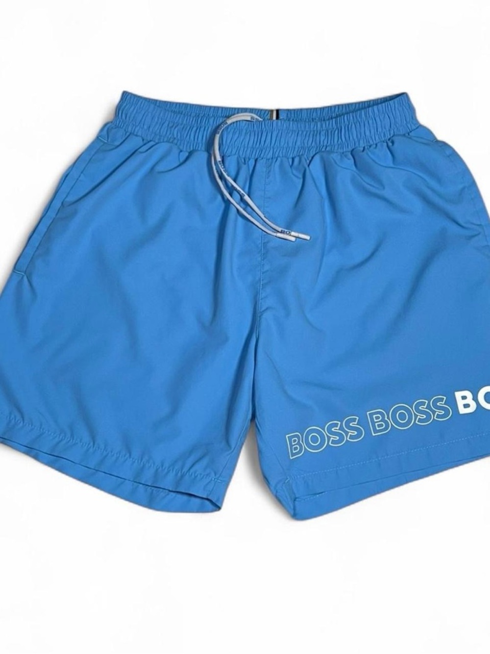 NWOT! Hugo BOSS Dolphin Sky Blue w/White Spellout Swim Trunk Size S Beach Summer